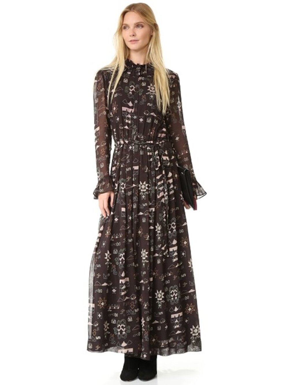 Antik Batik folkloric chain print black ruffled maxi dress